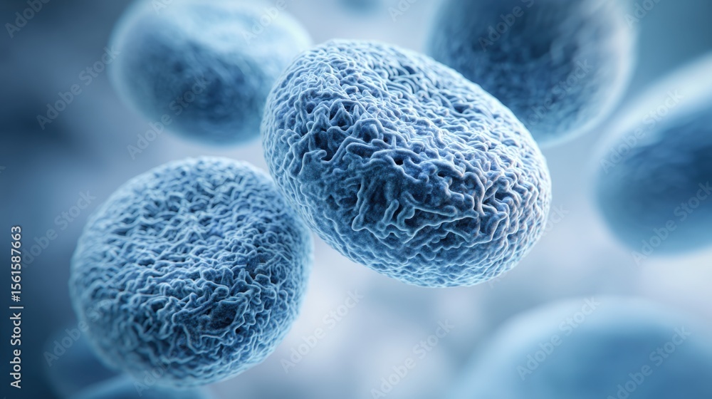 Poster highly detailed microscopic view of bacteria cells showing surface structure and texture.