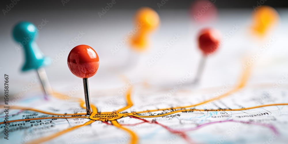 Poster close-up of colorful push pins on a detailed map with highlighted roads and landmarks.