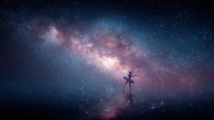 Naklejka premium Beautiful long exposure image of a person balancing under a starry sky with the Milky Way galaxy in the background.