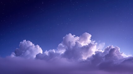 Obraz premium Clear night sky with bright stars and fluffy clouds illuminated by moonlight.
