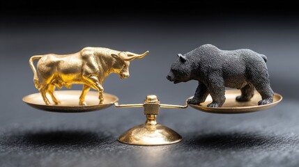 Business rivalry and competition concept with gold and black animal figurines balanced on a scale.