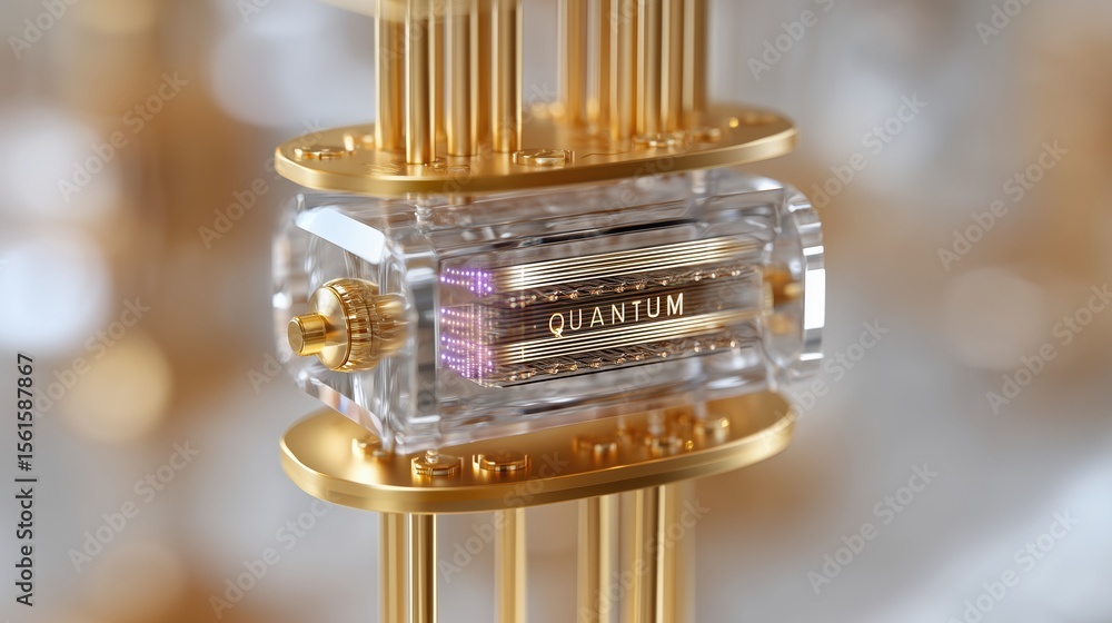 Poster quantum computing laboratory concept, close-up of a transparent quantum device with gold accents.