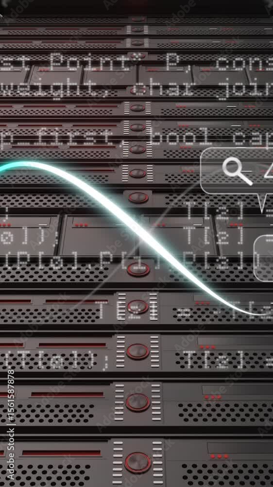 Poster animation of data processing over icons and server room