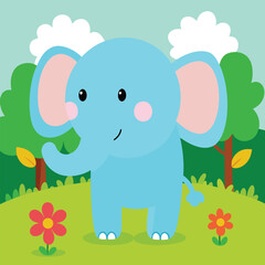 Cheerful cartoon elephant standing in a grassy field illustration