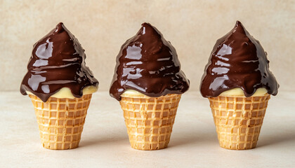 Three chocolate dipped waffle cones placed