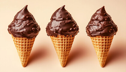 Three chocolate dipped waffle cones placed