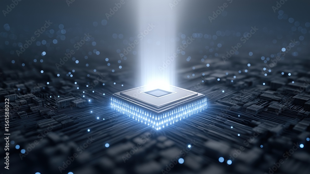 Poster quantum computing laboratory concept, futuristic microchip emitting light in a digital landscape.