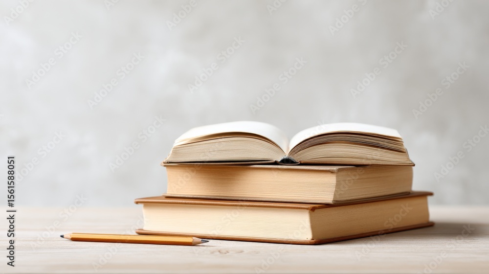 Poster stack of open and closed books with pencil on neutral background for reading study.