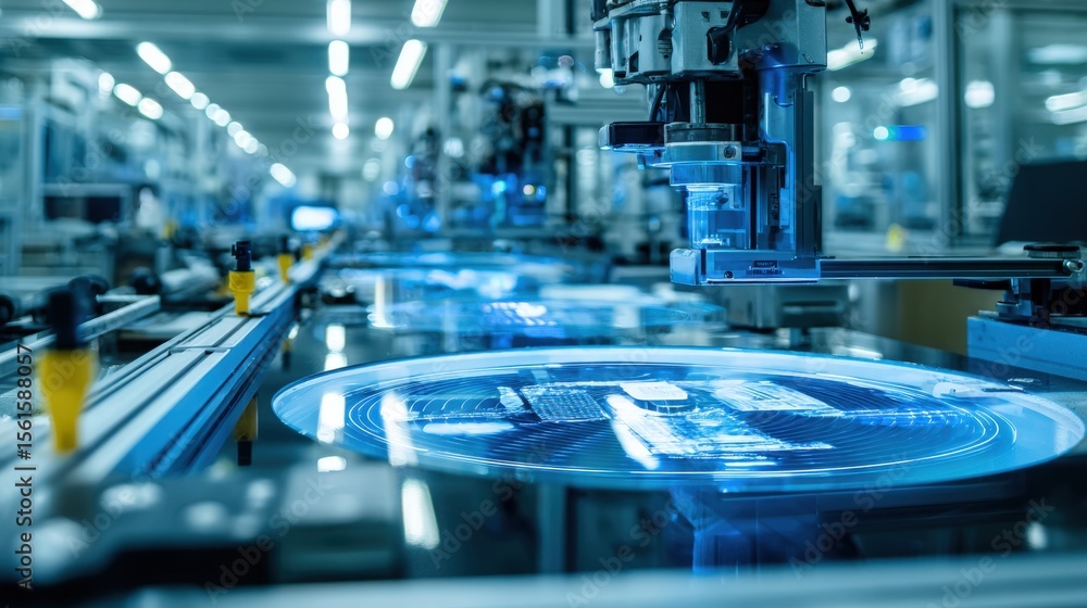 Poster advanced industrial manufacturing line with robotic automation and precise machinery.