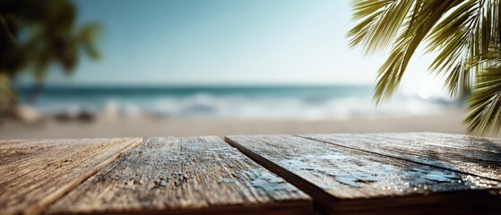 Rustic wooden table top with blurred tropical beach background and palm tree leaves Summer vacation concept with ocean view and empty space for product display