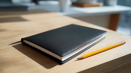 Professional black leather notebook with yellow pencil on wooden desk background.