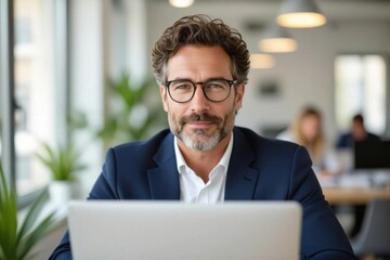 Confident middle aged businessman with glasses smiling and working on a laptop in a modern office environment
