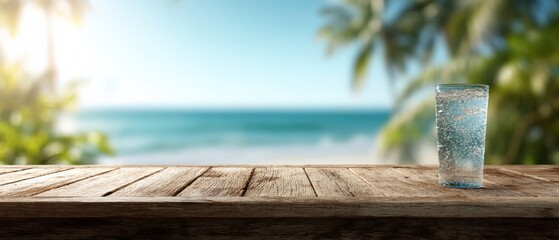 Refreshing glass of sparkling water on rustic wooden table with tropical beach background Summer vacation and relaxation concept with ocean view and palm trees