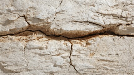 Close-up of weathered white cracked dry clay soil texture background for natural environmental themes.