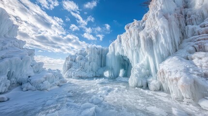 Icy Glacier Landscape with Blue Sky Bright Sunlight and Snow Covered Terrain.