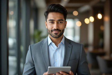 Fototapeta premium Confident young businessman in a grey suit holding a tablet with a warm smile in a modern office