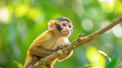 Naklejka premium Capuchin monkey standing on broken branch and looking right in Panama jungle