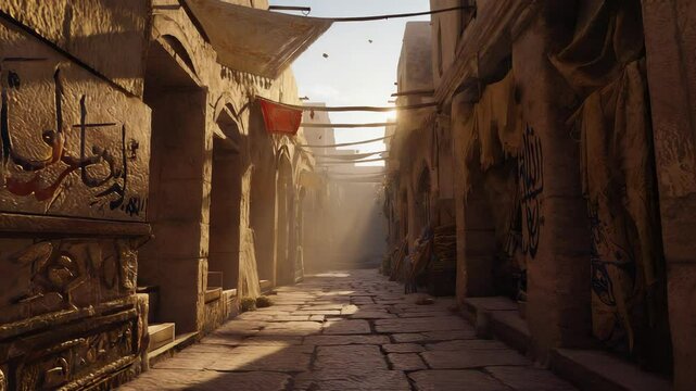 Wander through a narrow souk filled with history as warm evening light bathes the ancient stone paths. Discover vibrant Arabic couplets and graffiti enhancing the atmosphere