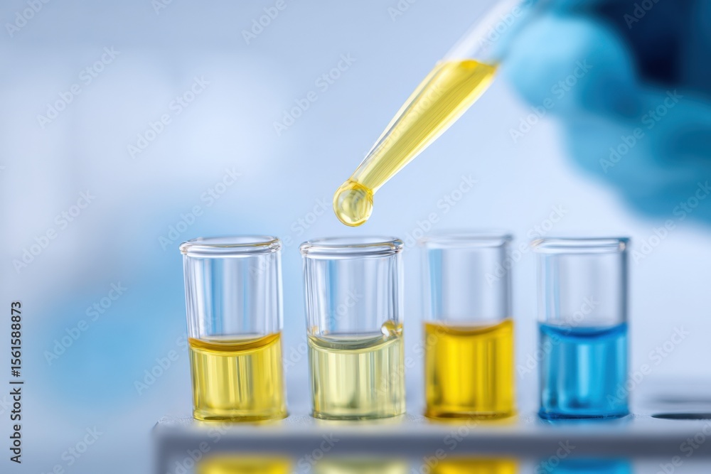 Poster laboratory scientist using pipette to transfer liquid into test tubes with different colored liquids