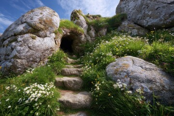Rocky path to hidden cave, wildflowers