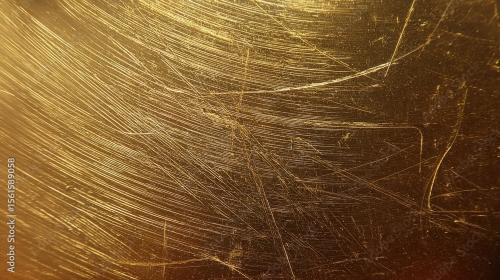 Poster close-up of scratched and worn metallic surface with gold finish and textured pattern.
