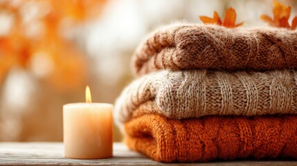Cozy fall autumn warm woolen sweaters stacks with candles and vibrant leaves scene.