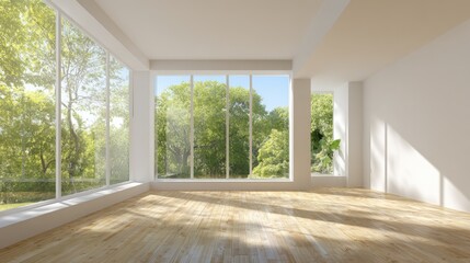 Modern spacious bright empty living room with large windows and wooden floor.