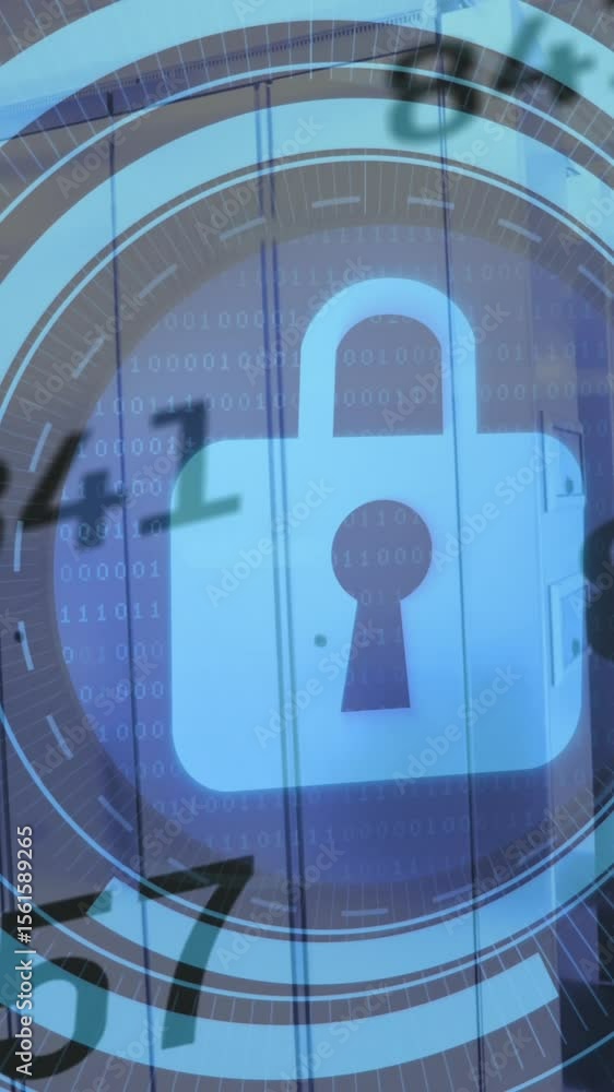 Aufkleber animation of padlock icon and data processing over server room