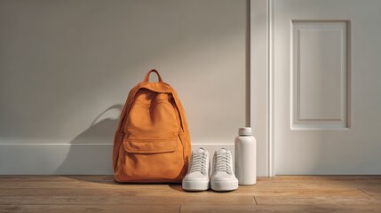 Minimalist interior with backpack sneakers and water bottle near doorframe.