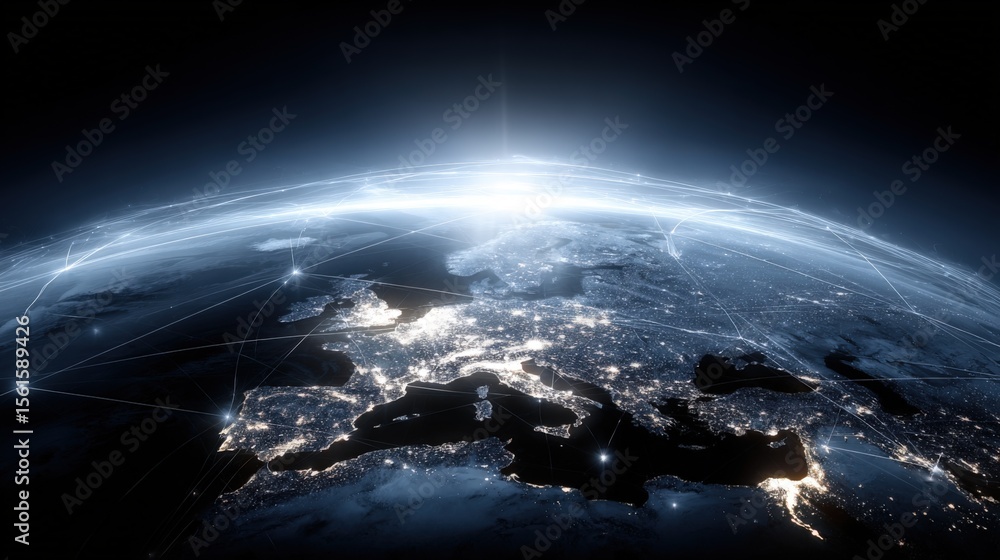 Poster wide view of earth from space showing illuminated continents and interconnected technology.