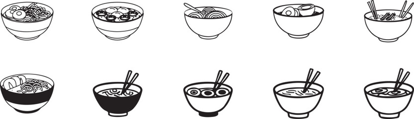 Black and White Asian Noodle Bowl Icons Set.