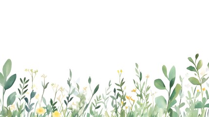 Watercolor Floral Border Green Leaves Yellow Flowers Botanical Illustration