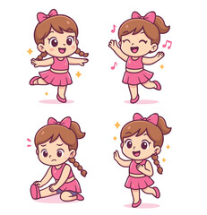 Adorable Ballerina Girl Vector Cartoon Girl in Pink Dance Poses Music and Ballet Class Illustration