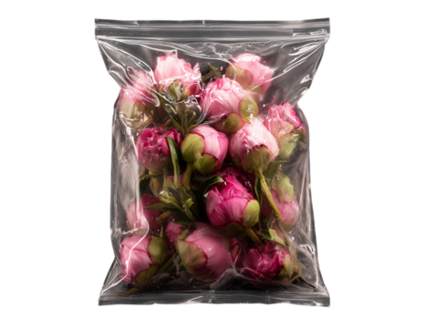 A collection of fresh, unopened blossoms peonies, their delicate petals a gradient of pink, nestle securely within a transparent bag, isolated on a white background 