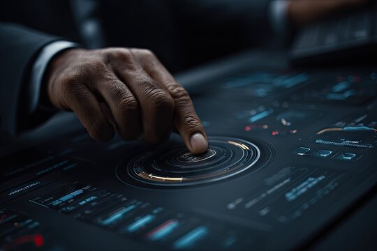 Close-up of a person's hand interacting with a futuristic interactive display.  Dark background,  fingertip touches a central circular graphic on a complex dashboard with various data visualizations