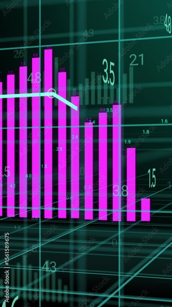 Poster animation of pink graph and data processing over 3d grid