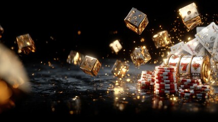 High Stake Casino Gambling Scene with Chips Dice and Gold Coins Falling in Dark Background.
