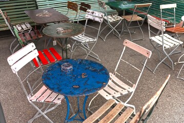 Old tables and chairs from a beer garden.