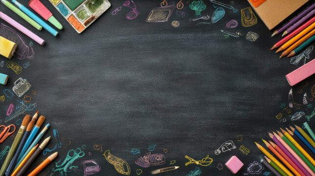 Back to school blackboard background with colorful hand drawn doodle style school supplies poster design with copyspace perfect for education banner flyer or classroom decoration
