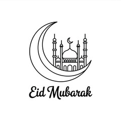Eid Mubarak greeting with mosque and crescent moon line art design