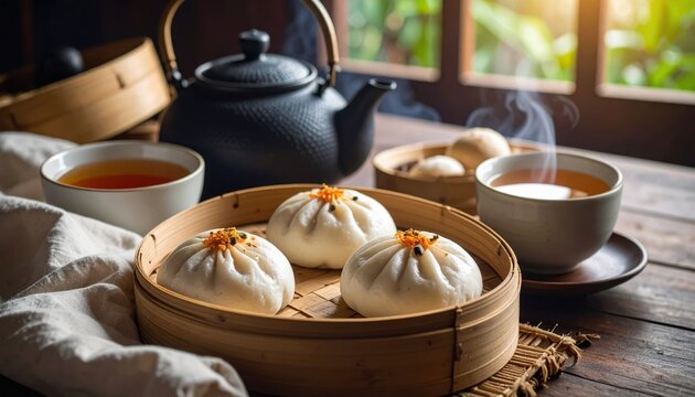 Steamed bao buns served in a bamboo basket with a teapot and cups of tea on a wooden table surrounded by greenery - Powered by Adobe