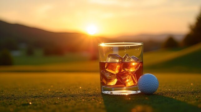 Golf Course Sunset: Whiskey on the Green with Golf Ball, Golden Hour Relaxation, Sport and Leisure Illustration