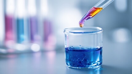 Close-up of a pipette dropping purple liquid into a beaker with blue solution in laboratory setting.