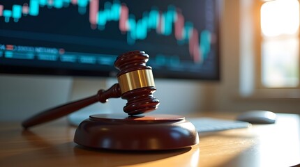 Gavel Resting on Desk with Stock Market Chart Background, Finance Law, Business Litigation, Trading Regulation