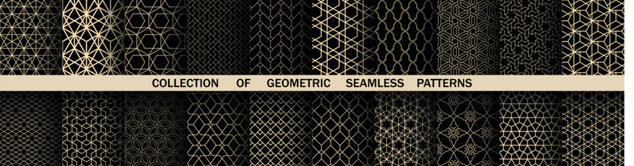 Geometric set of seamless black and golden patterns. Simple vector graphics