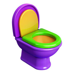 Colorful toy toilet with purple base green seat and yellow lid isolated on transparent background