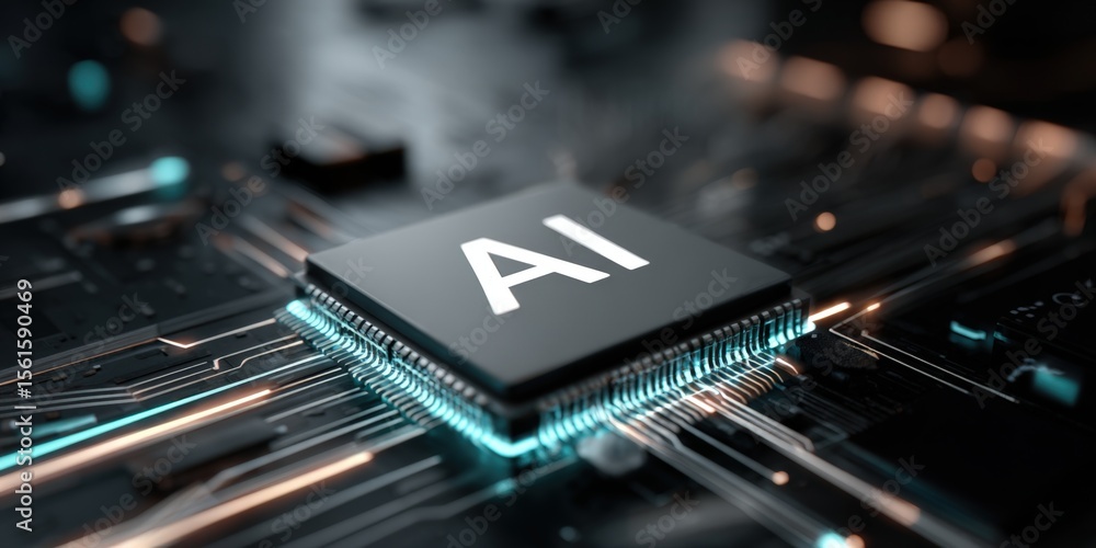 Poster advanced artificial intelligence computer chip technology with futuristic digital circuits.