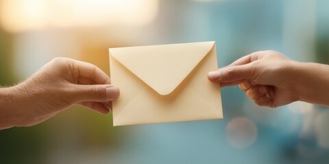 Two hands exchanging an envelope in a bright outdoor setting with blurred background.