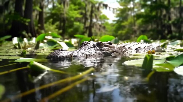 Alligator rests partially submerged in swamp water with lily pads