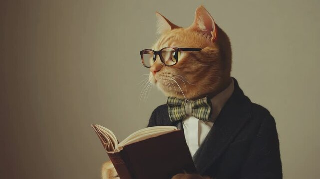 A ginger cat in glasses, a suit and a bow tie is reading a book